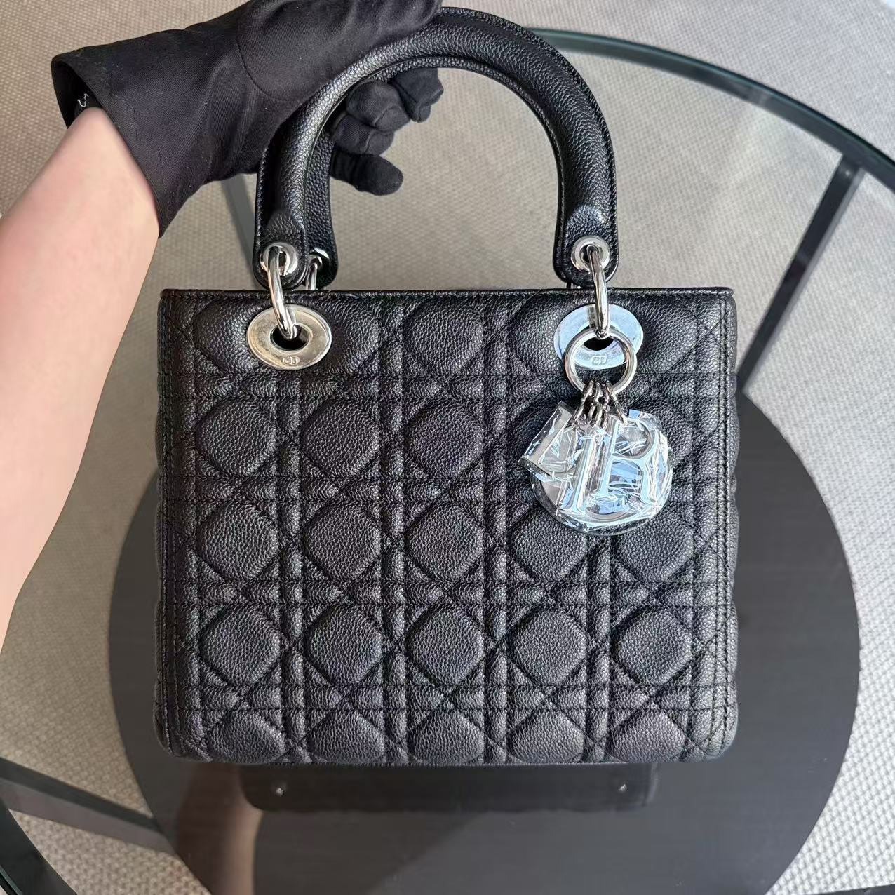 *Rare Caviar* Dior Lady Medium - Grained Calfskin Cannage Black Silver Hardware