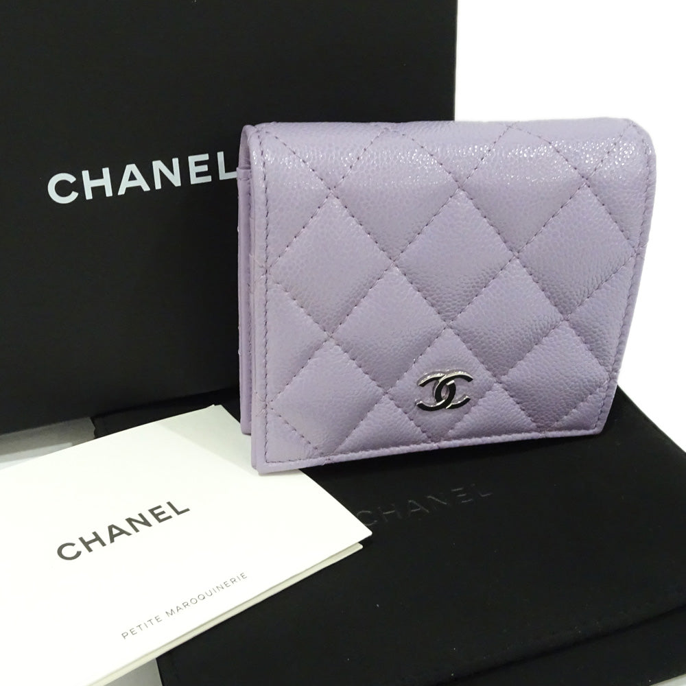 CHANEL Classic Small Wallet AP3178 Double Fold Wallet Greendock S Caviar Skin Silver  Pearl Wallet