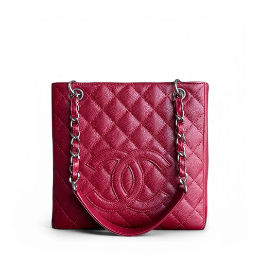 Chanel PST Petite Shopping Tote - Caviar Quilted Red Silver Hardware Series 13