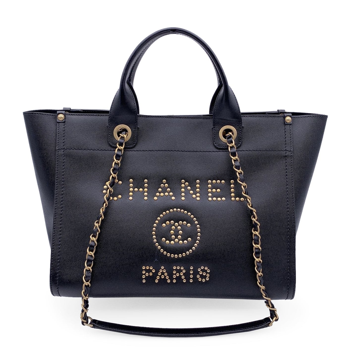 CHANEL Black Caviar Leather Studded Deauville Tote Shoulder Bag