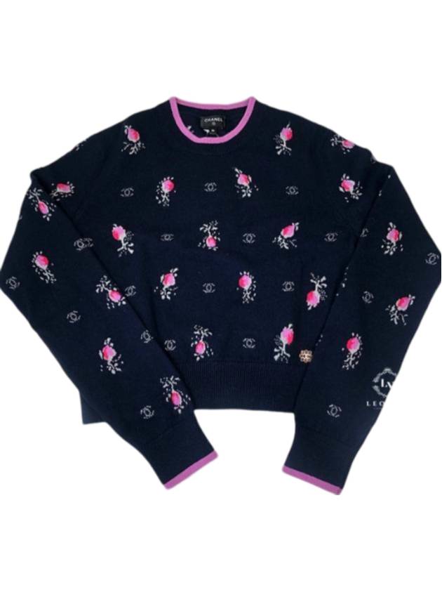 Flower CC Logo Cashmere Knit Top Navy Blue Chanel