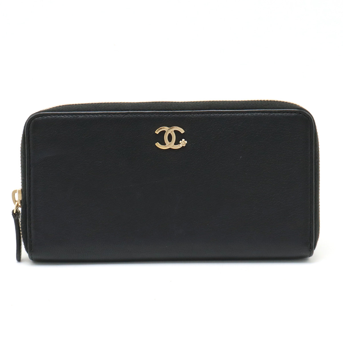 Chanel Lucky Flower Coco Mark Roundfather Long Wallet Leather Black Black Gold  A81657