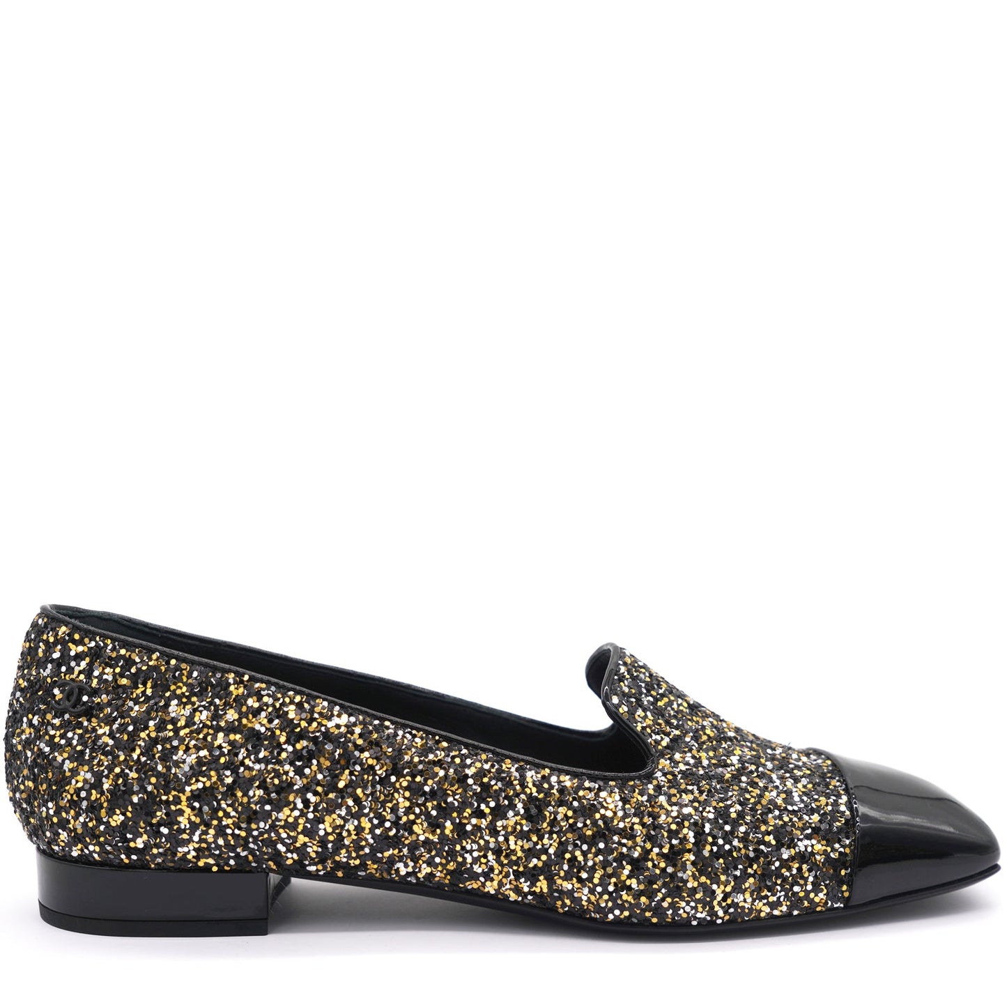 Chanel Glitter and Black Patent Leather Cap Toe Loafers 38.5