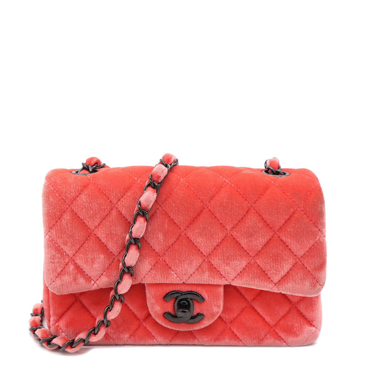 Chanel Velvet Quilted Mini Rectangular Flap Peachy Pink
