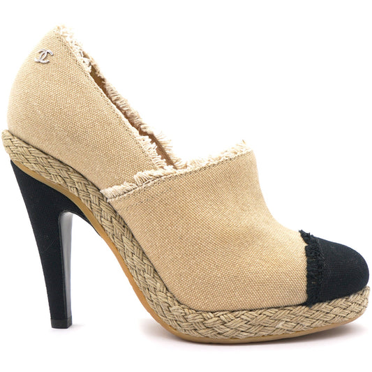 Chanel Beige/Black 2014 Frayed Canvas Espadrilles Pumps 36.5