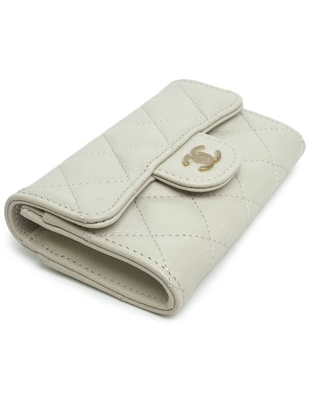Classic Gold Logo Grained Shiny Calfskin Card Wallet Grey Chanel