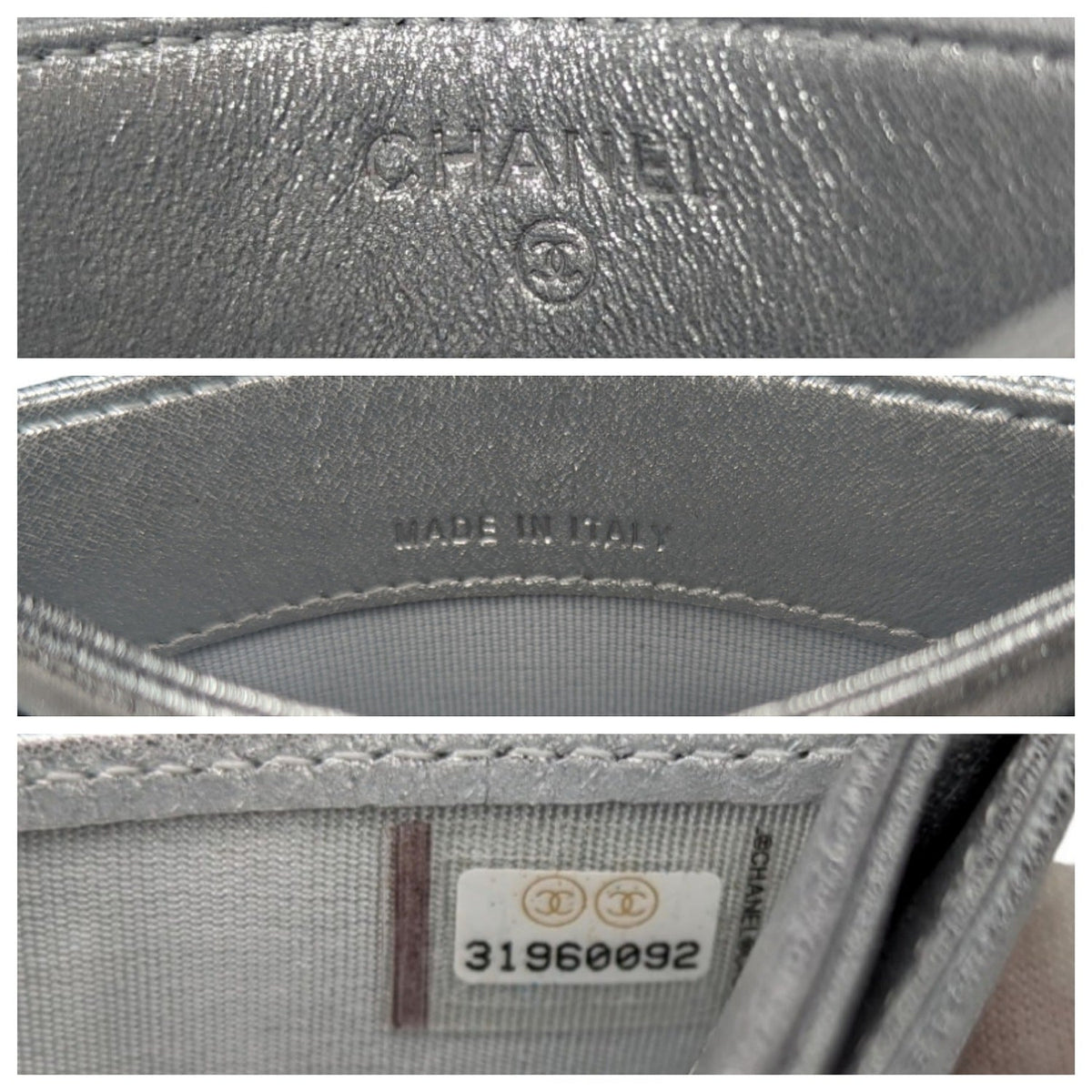 Chanel Metallic Lambskin Quilted CC Card Holder Silver