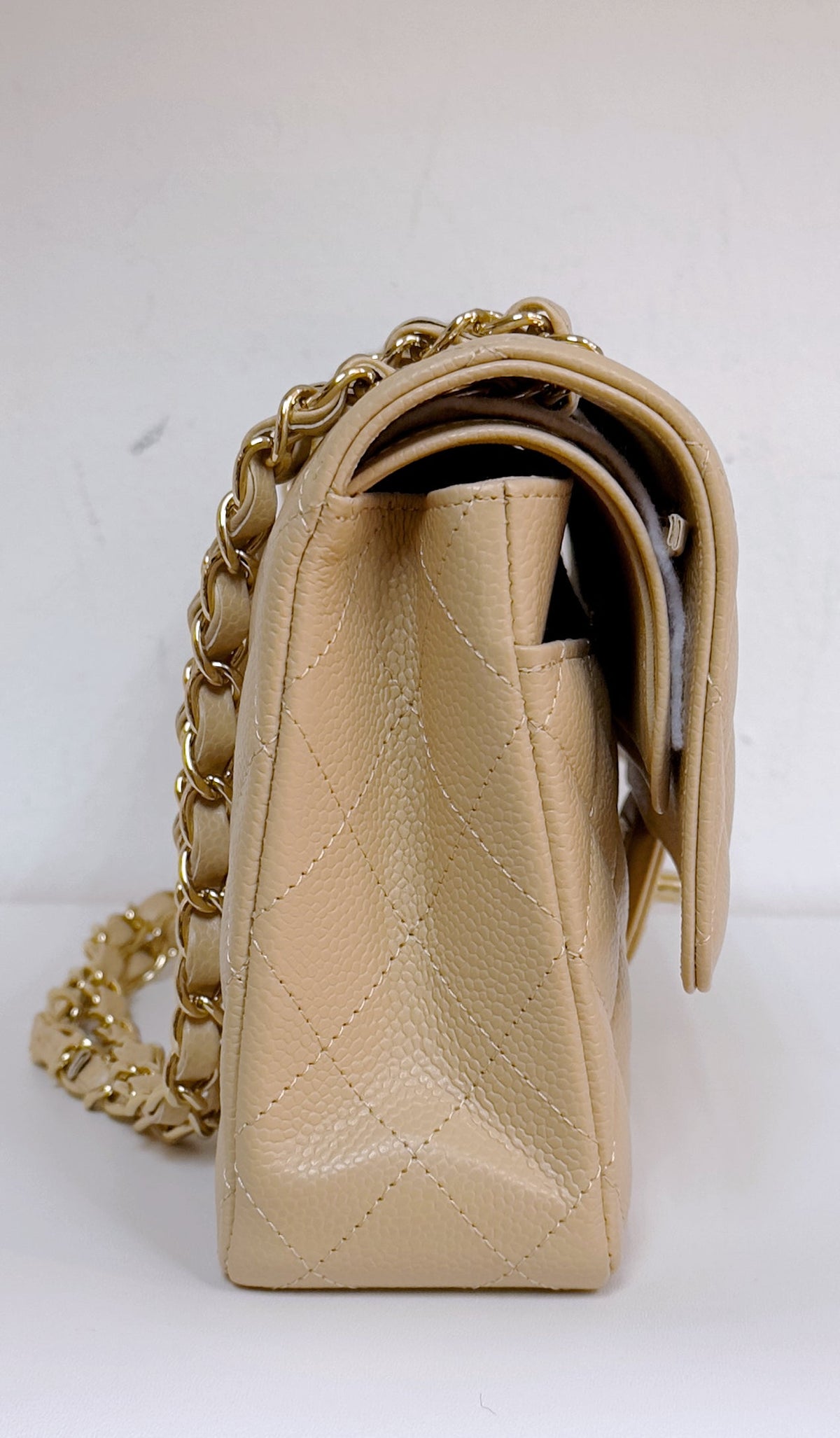 Chanel Medium Beige Classic Caviar Double Flap Bag GHW Microchip Singapore local Receipt