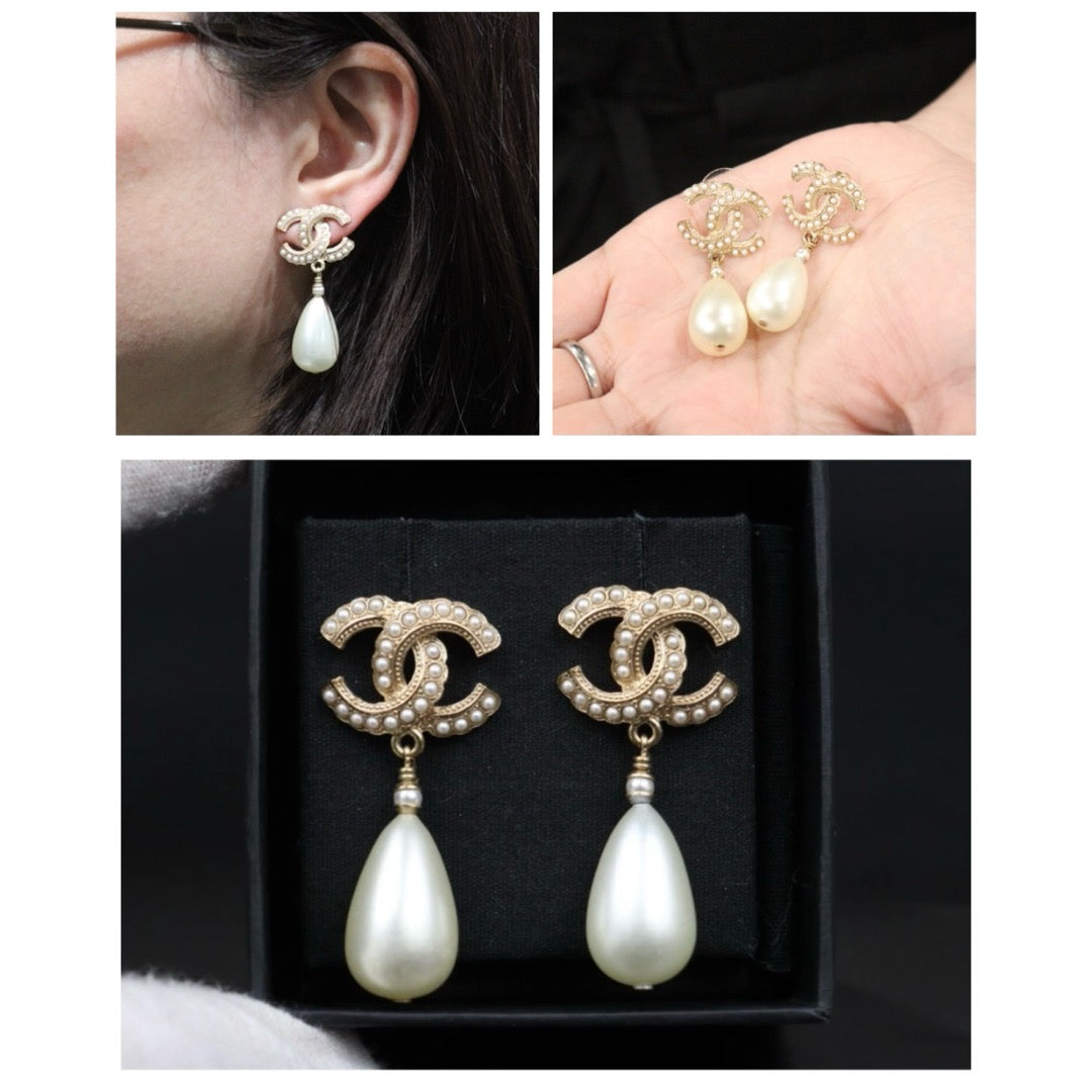 Very Good ( Rank A) ｜CHANEL Golden Pearl COCO Mark  Large Drop Pearl Earrings ｜S25021024