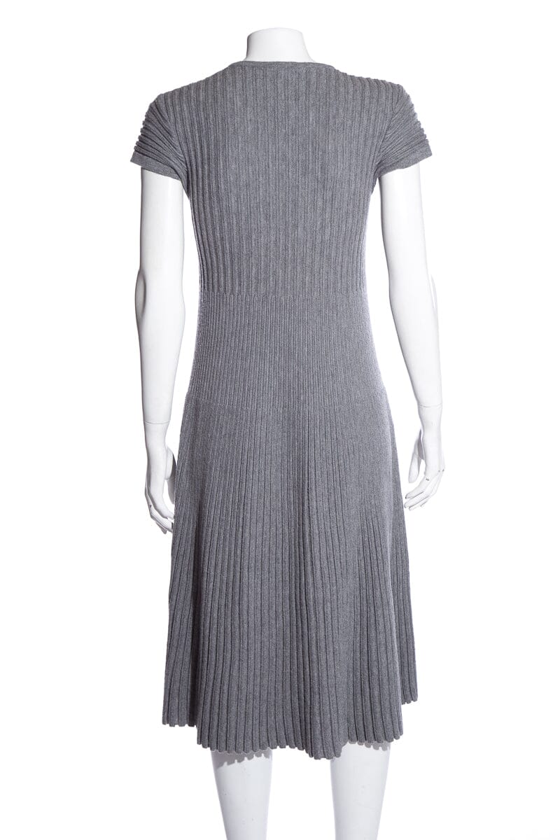 Chanel Grey Wool 2015 Midi Length V-Neck Dress SZ 36