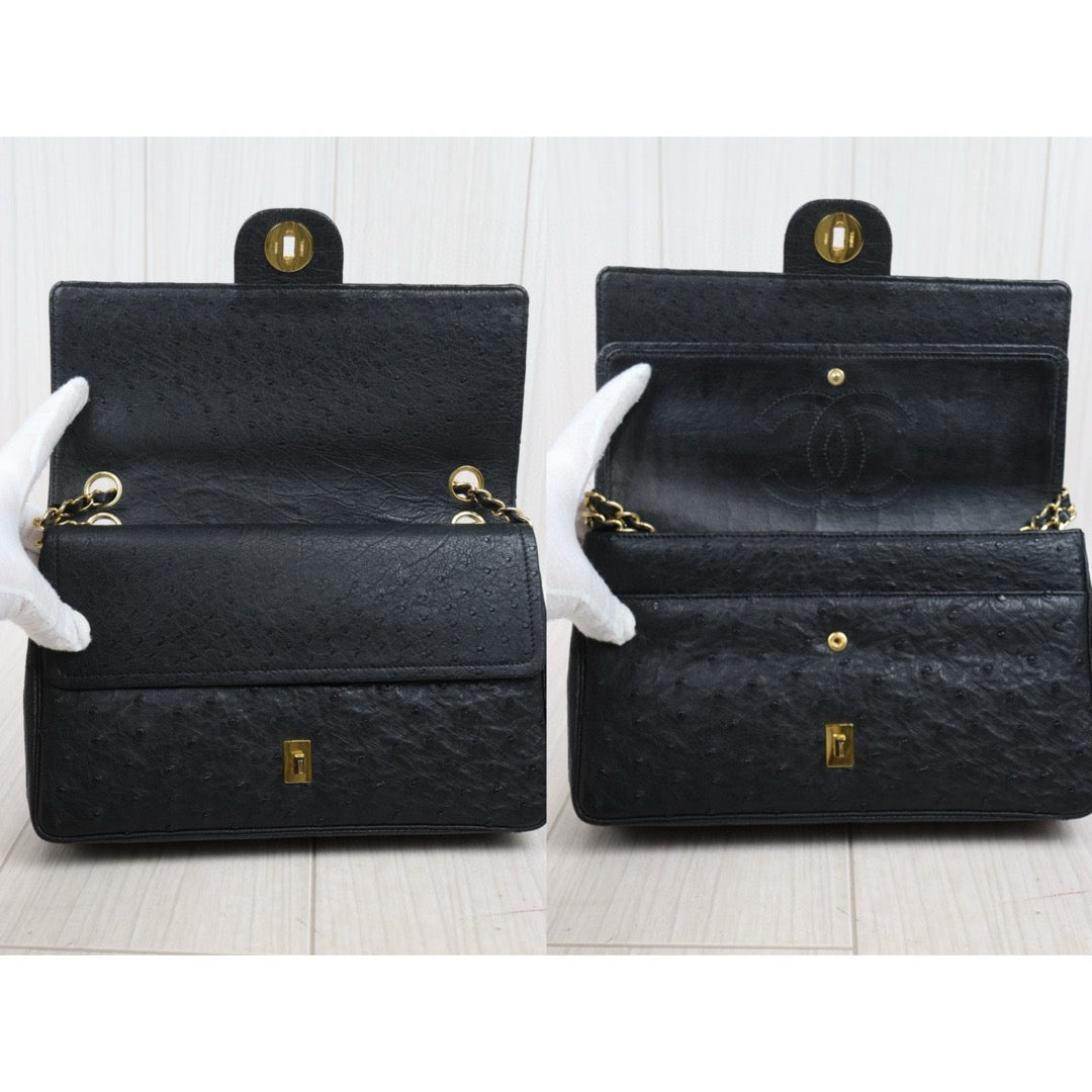 Good ( Rank AB)｜ CHANEL Ostrich Skin Double Flap 25 Chain Shoulder Bag Black Made In 1986 - 1988 Year｜25030704