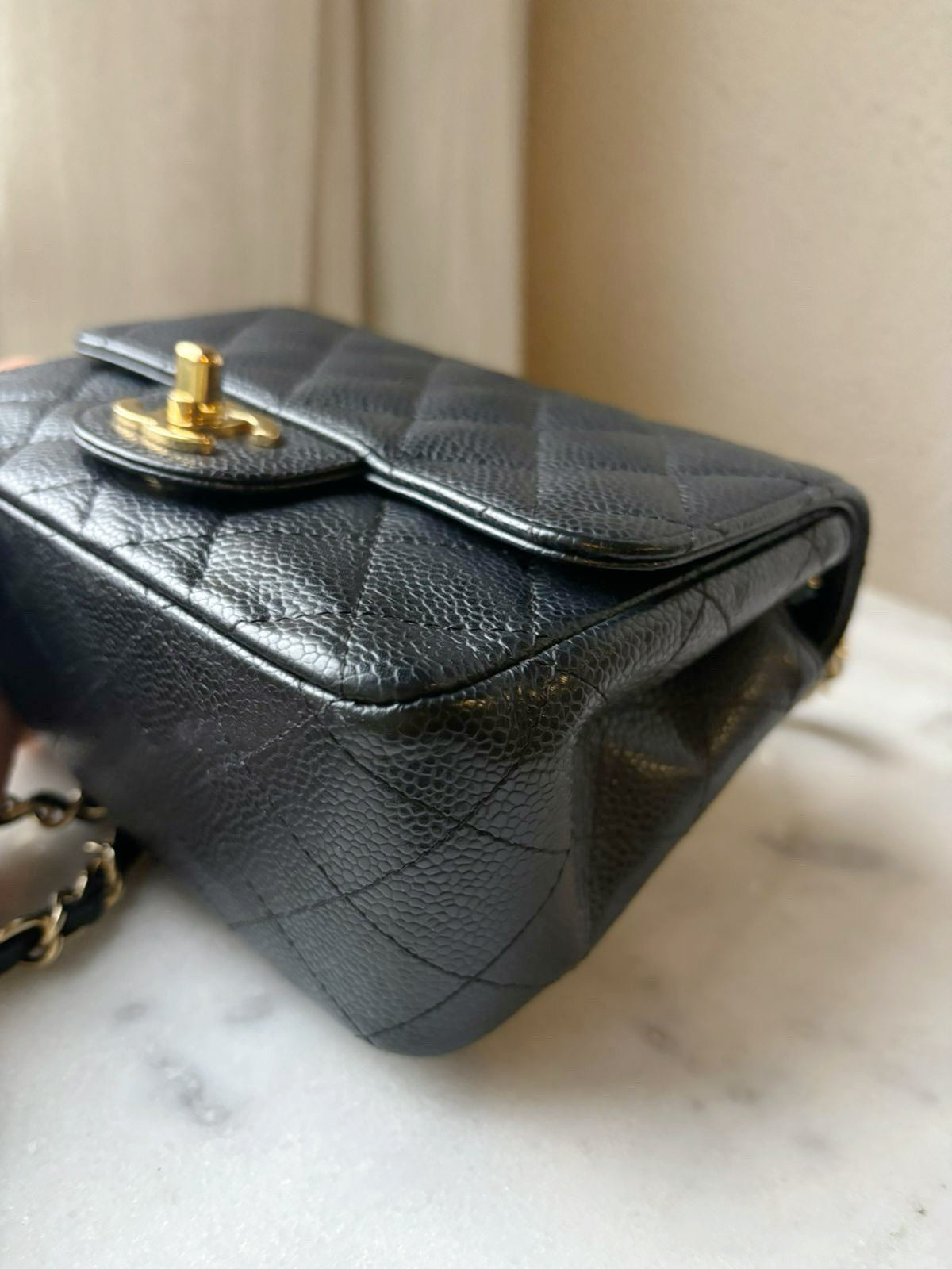 Chanel Mini Square Caviar Flap Bag Black GHW 1203 holo card