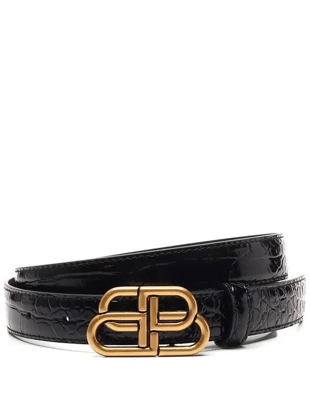 Luxury Balenciaga  WoMen's Crocodile Embossed BB Buckle Thin Belt Black