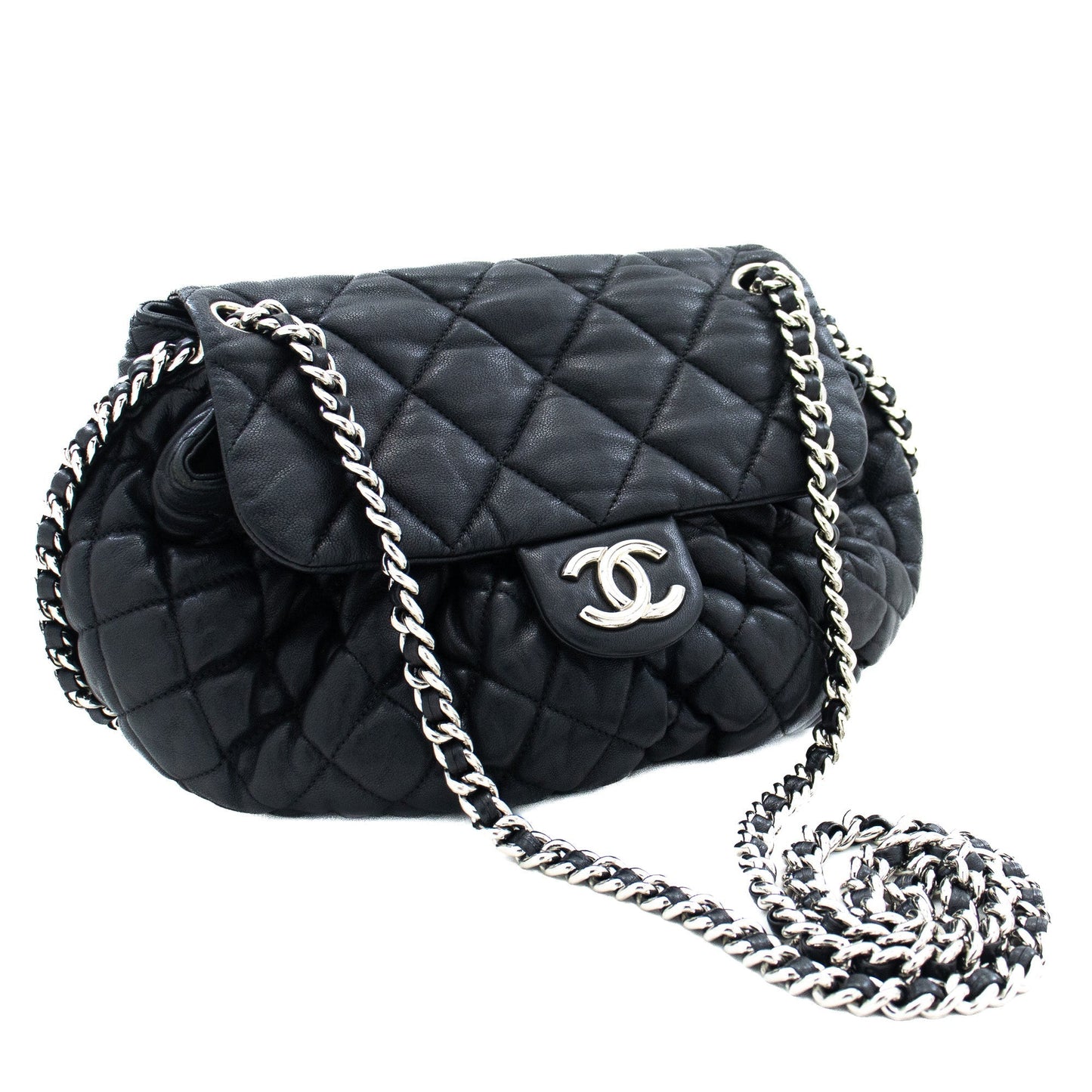 CHANEL Chain Around Shoulder Bag Crossbody Black Calfskin Leather