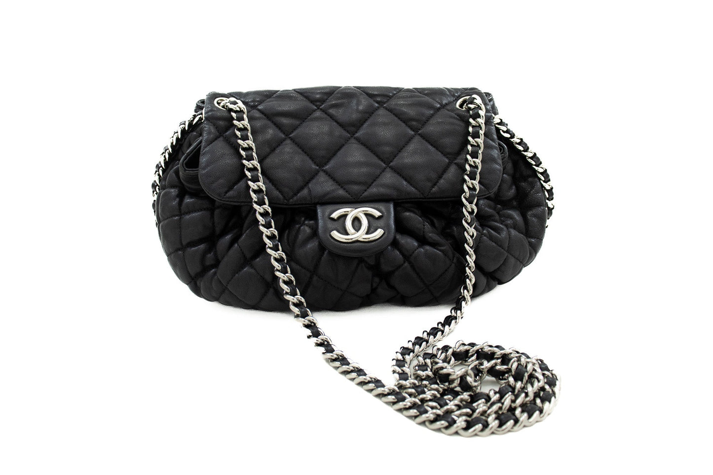 CHANEL Chain Around Shoulder Bag Crossbody Black Calfskin Leather