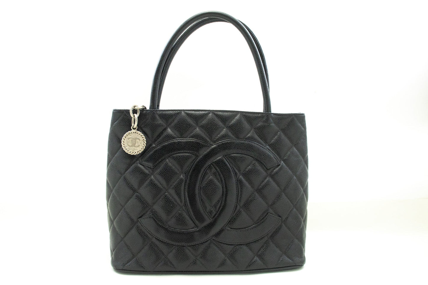 CHANEL Silver Medallion Caviar Shoulder Bag Shopping Tote Black SV