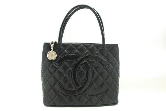 CHANEL Silver Medallion Caviar Shoulder Bag Shopping Tote Black SV