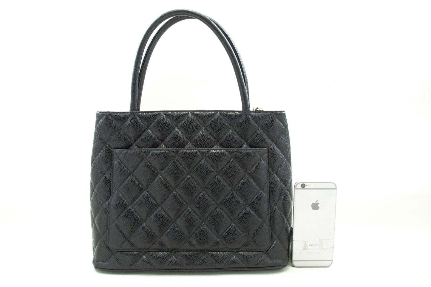 CHANEL Silver Medallion Caviar Shoulder Bag Shopping Tote Black SV