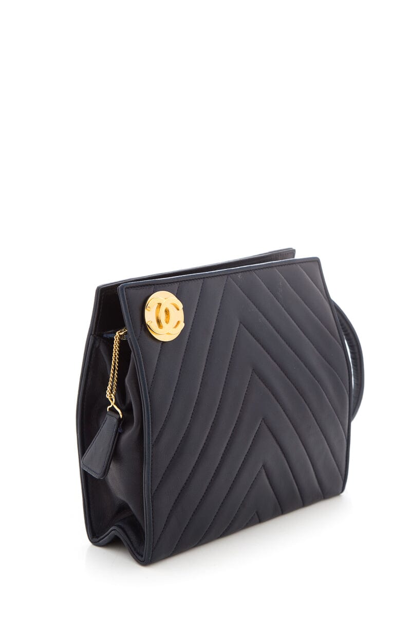 Chanel 1989-91 Navy Chevron Lambskin HandBag