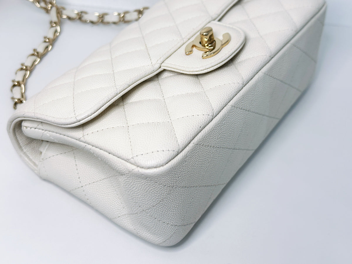 Chanel Mini Rectangular Caviar Classic White GHW 2382 holo card