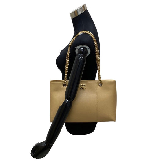 CHANEL Tote Bag leather beige Caviar skin Chain tote