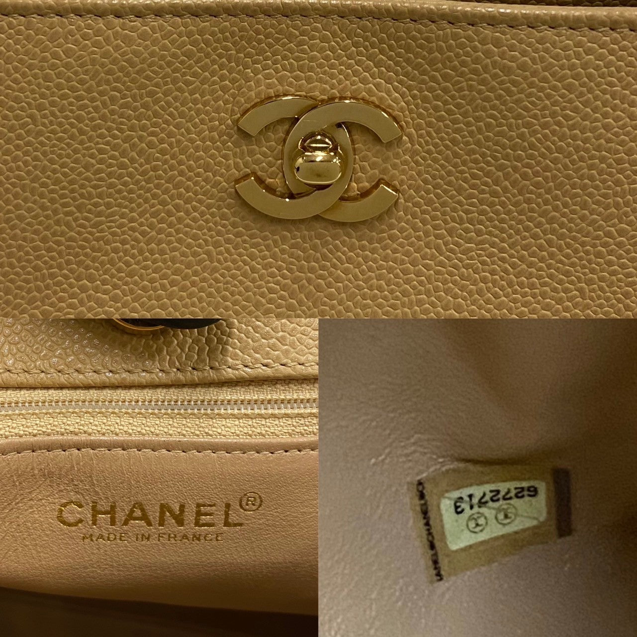 CHANEL Tote Bag leather beige Caviar skin Chain tote