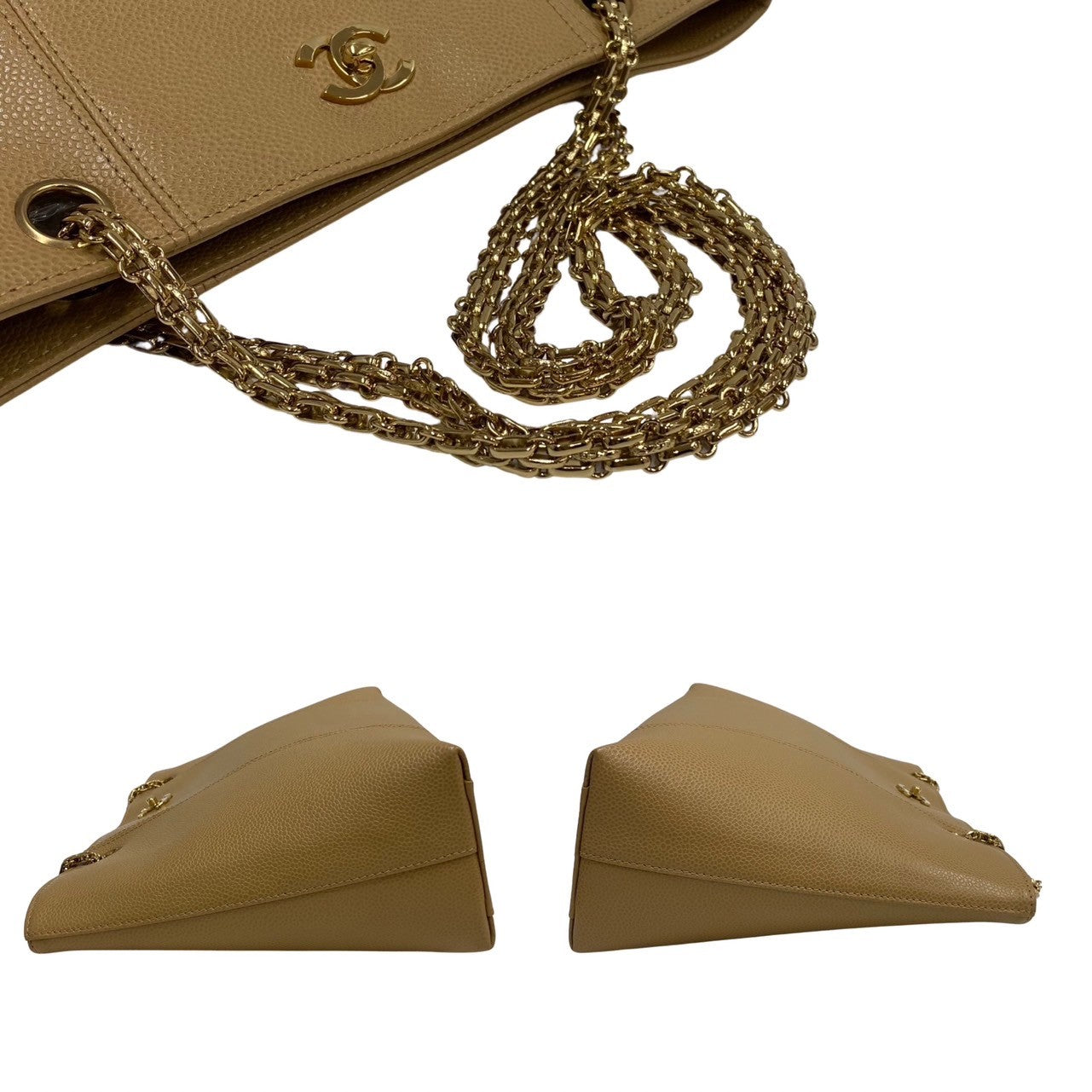 CHANEL Tote Bag leather beige Caviar skin Chain tote