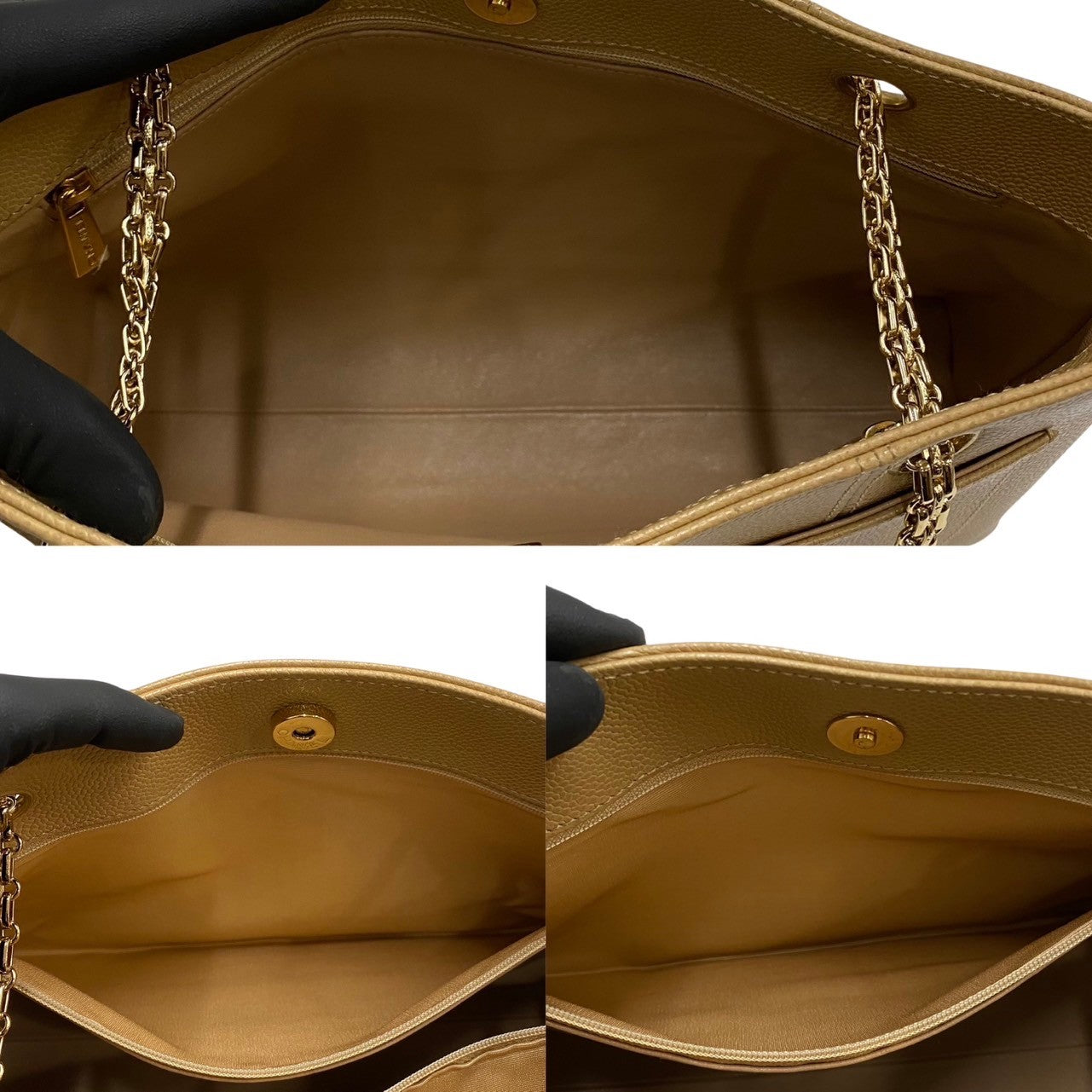 CHANEL Tote Bag leather beige Caviar skin Chain tote