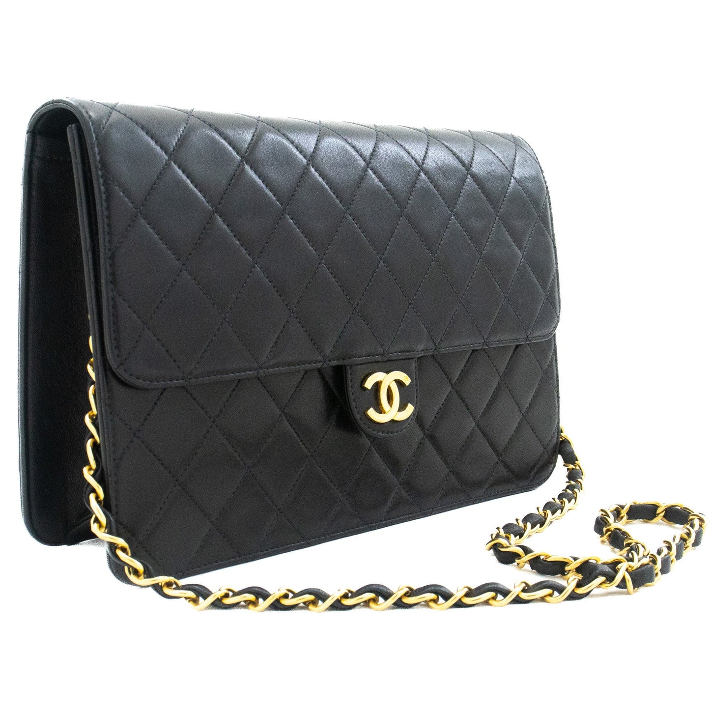 CHANEL Chain Shoulder Bag Clutch Black Quilted Flap Lambskin Purse