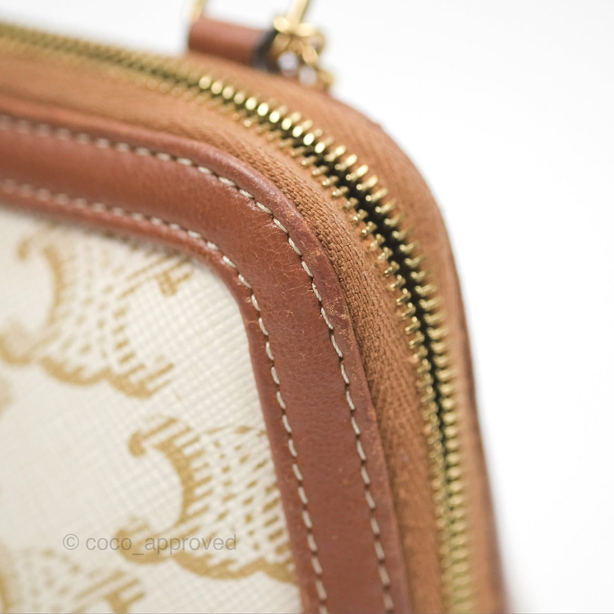 Celine Clutch With Chain Triomphe Canvas Lambskin White/Tan