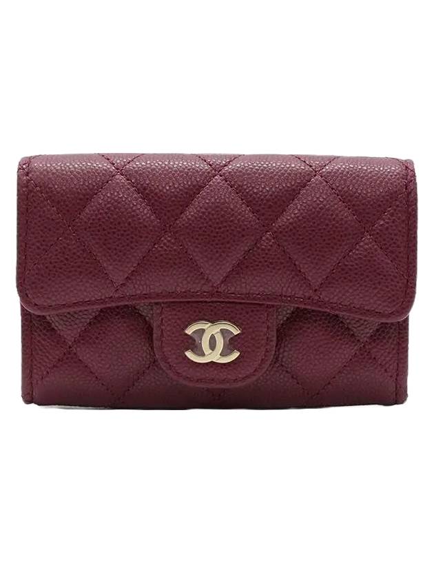 Classic Gold Logo Grained Shiny Calfskin Card Wallet Burgundy Chanel