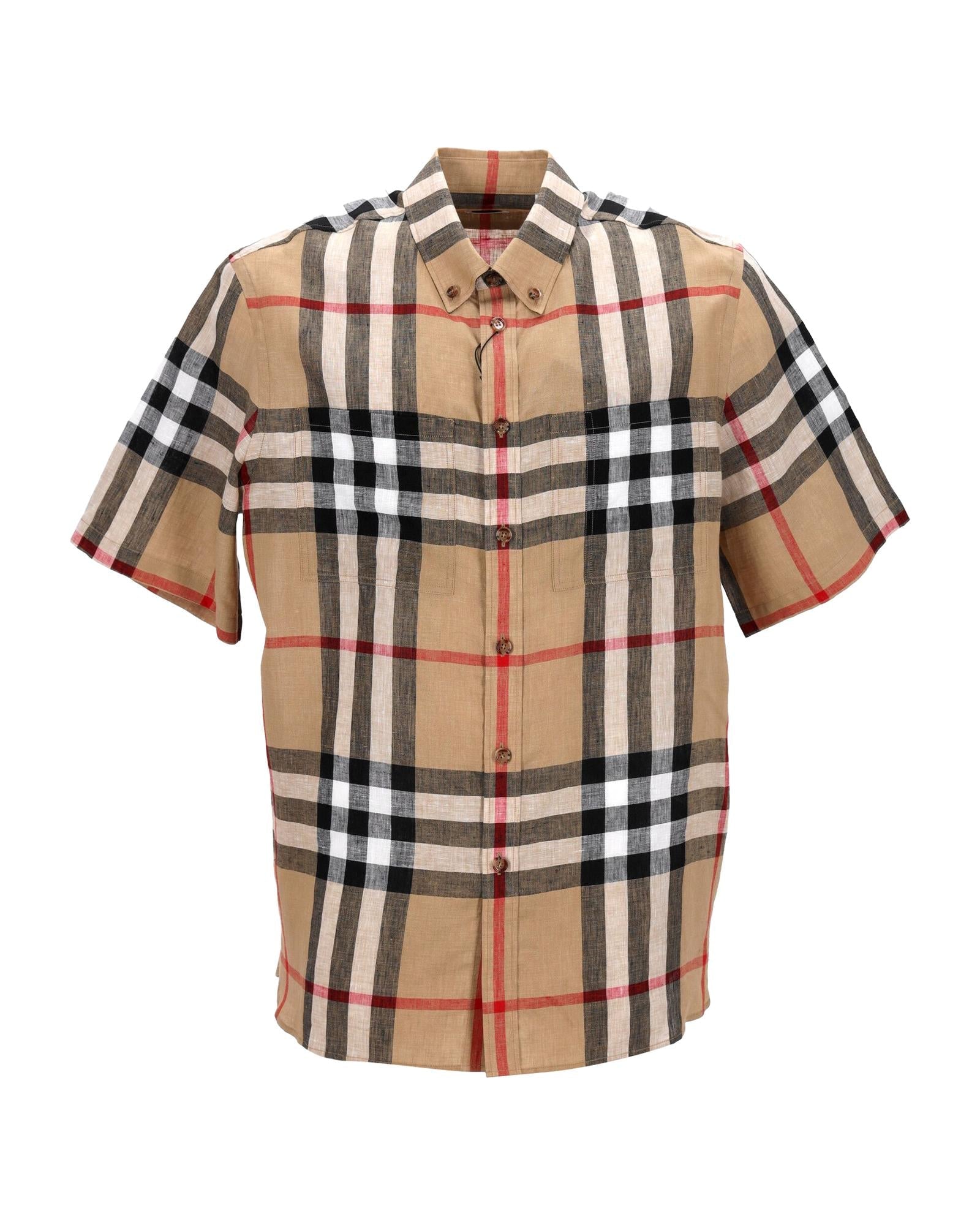 Burberry Linen Plaid ShortSleeve Shirt Men Brown | Beige T-Shirts One Size brown | beige