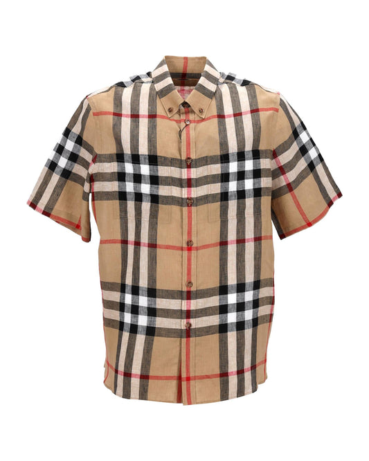 Burberry Linen Plaid ShortSleeve Shirt Men Brown | Beige T-Shirts One Size brown | beige