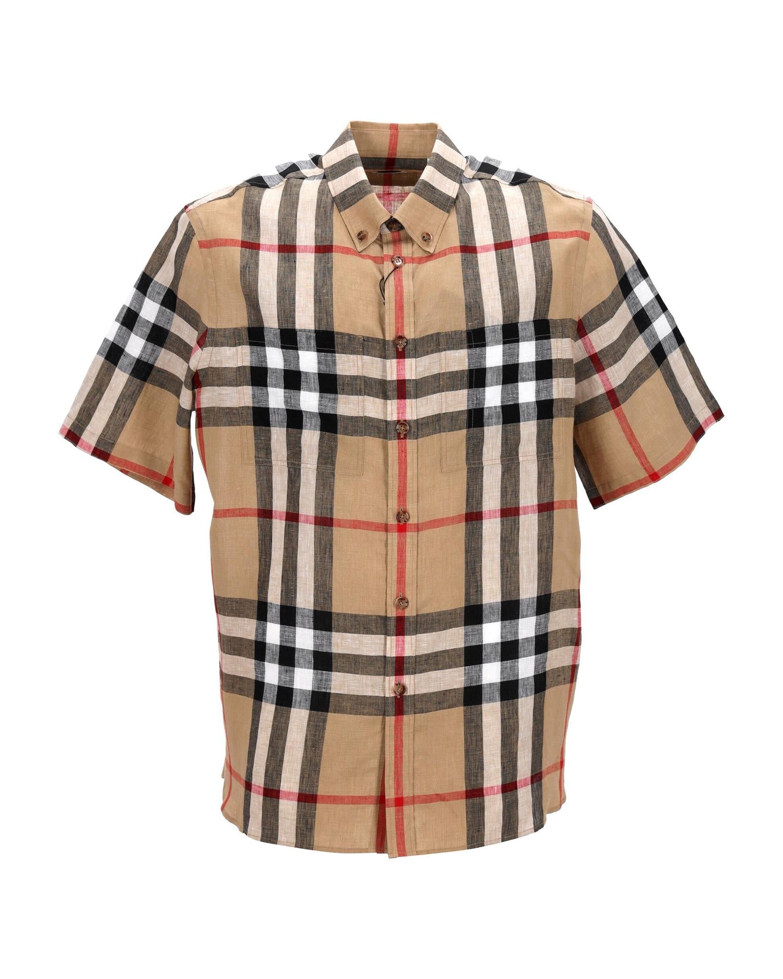 Burberry Short Sleeve Linen Shirt Check Pattern Men Brown | Beige T-Shirts One Size brown | beige