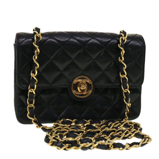Top Quality Chanel Mini Matelasse Chain Shoulder Bag Lamb Skin Black CC Auth 42862A