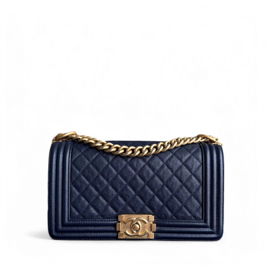 Chanel Boy Medium - Caviar 25CM Quilted Dark Blue Gold Hardware Series 25