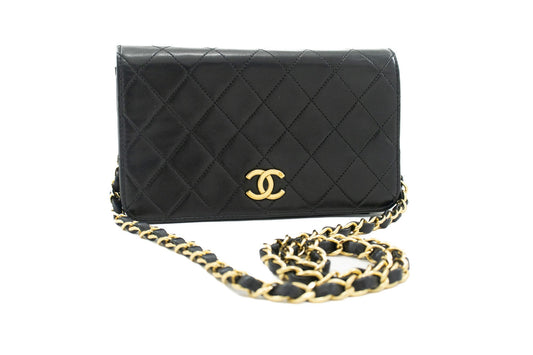 CHANEL Full Flap Chain Shoulder Bag Clutch Black Quilted Lambskin