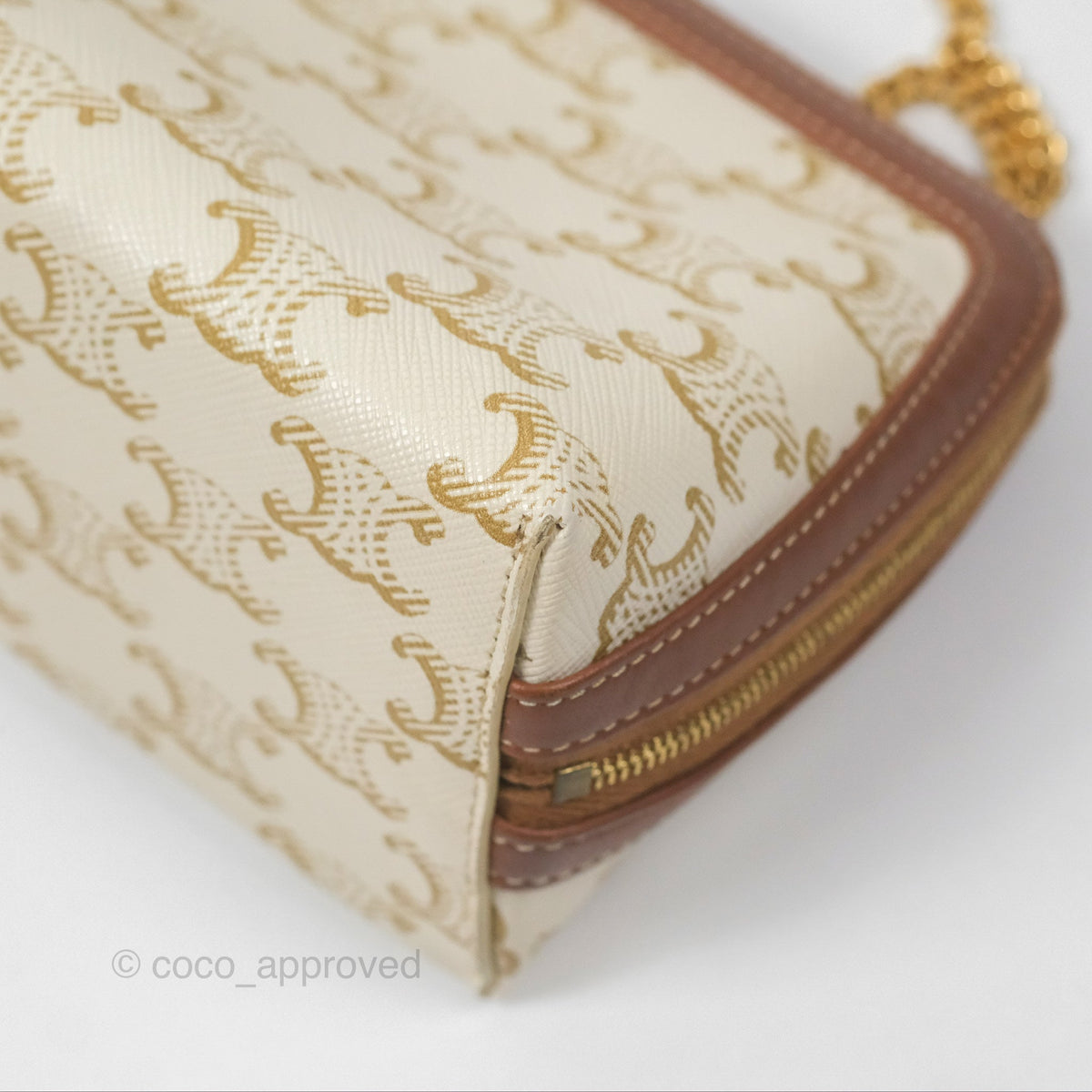Celine Clutch With Chain Triomphe Canvas Lambskin White/Tan