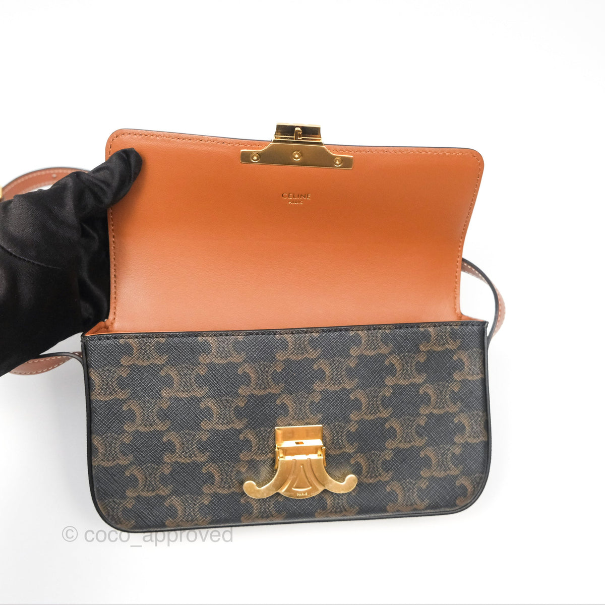 Celine Triomphe Shoulder Bag Tan Calfskin Triomphe Canvas