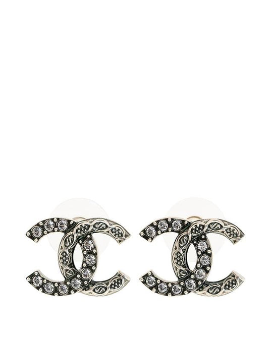 CC Logo Vintage Crystal Earrings Silver Chanel