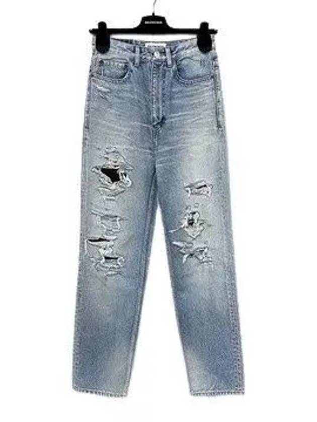 Luxury Balenciaga  WoMen's Distressed Denim Straight Jeans Vintage Blue