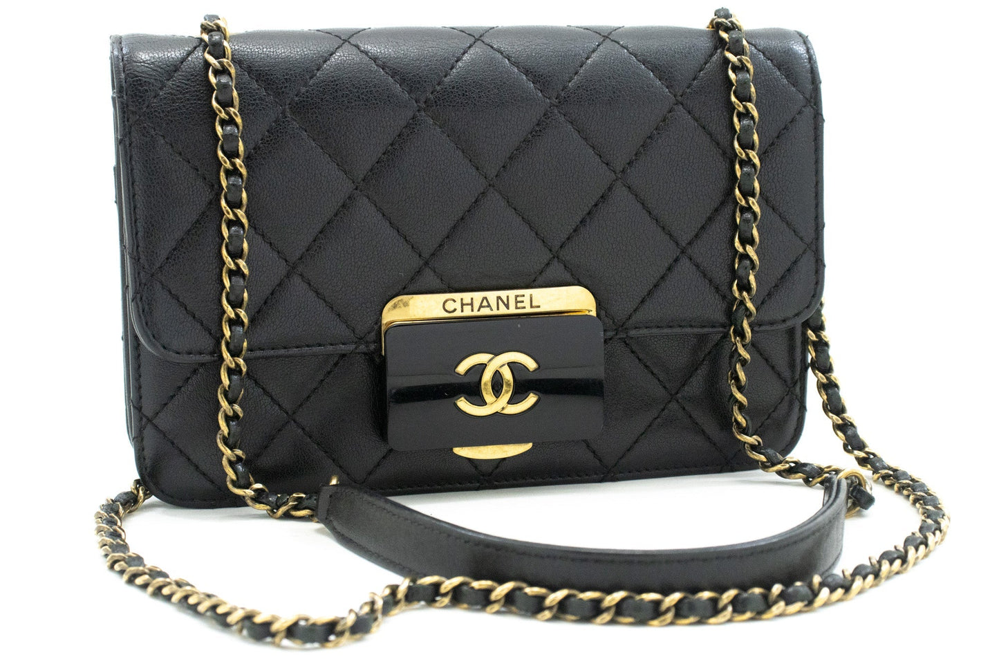 CHANEL Mini Calfskin Chain Shoulder Bag Black Quilted Flap Leather