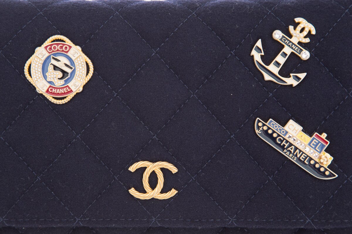 Chanel Navy Felt Quilted Paris-Hamburg Charms Wallet On Chain