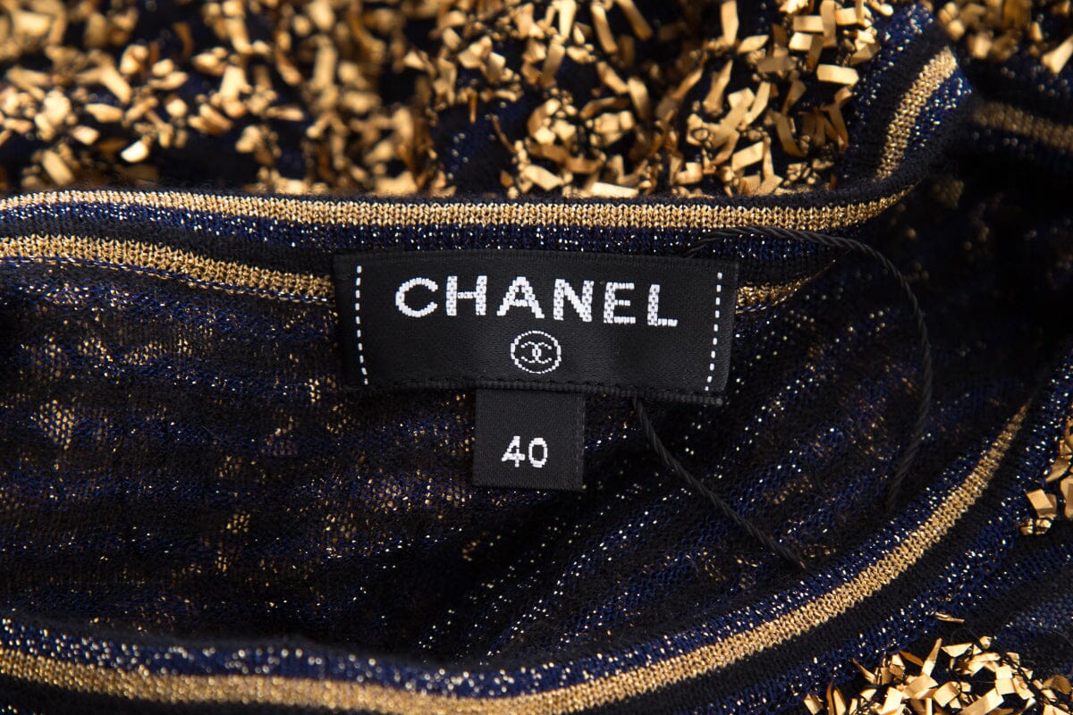 Chanel Navy & Gold Flake Sparkle Blouse SZ 40