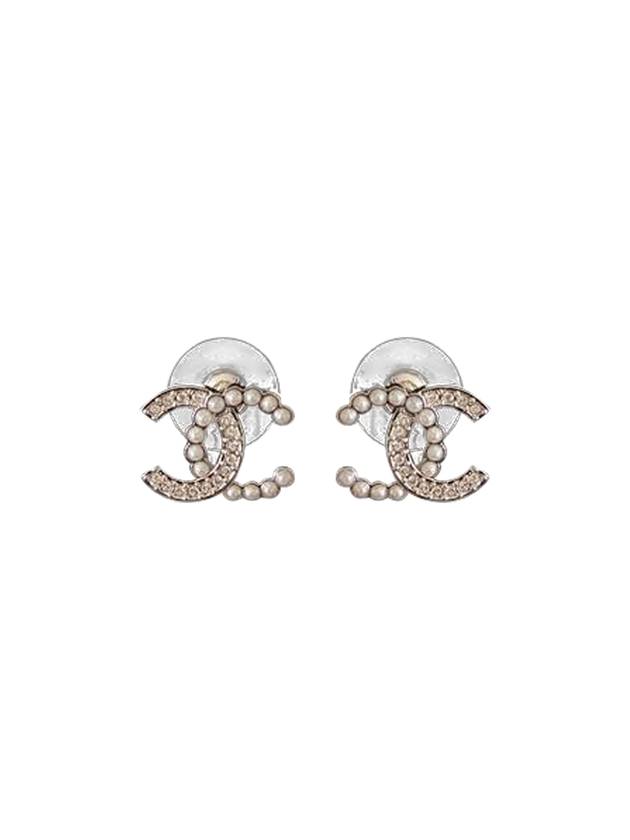 CC Logo Pearl Crystal Earrings Silver Chanel