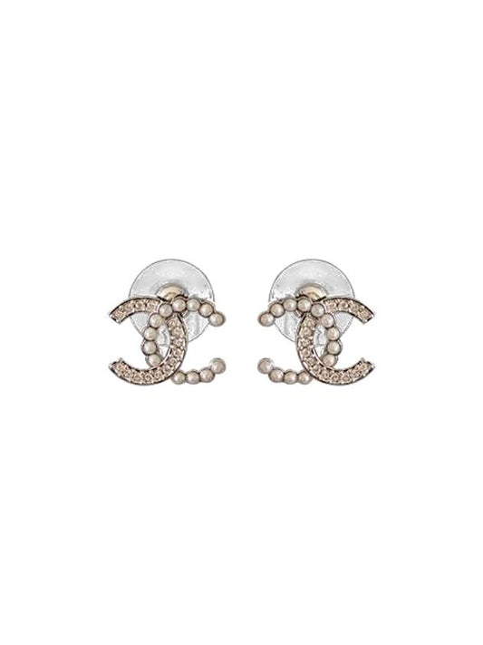 CC Logo Pearl Crystal Earrings Silver Chanel