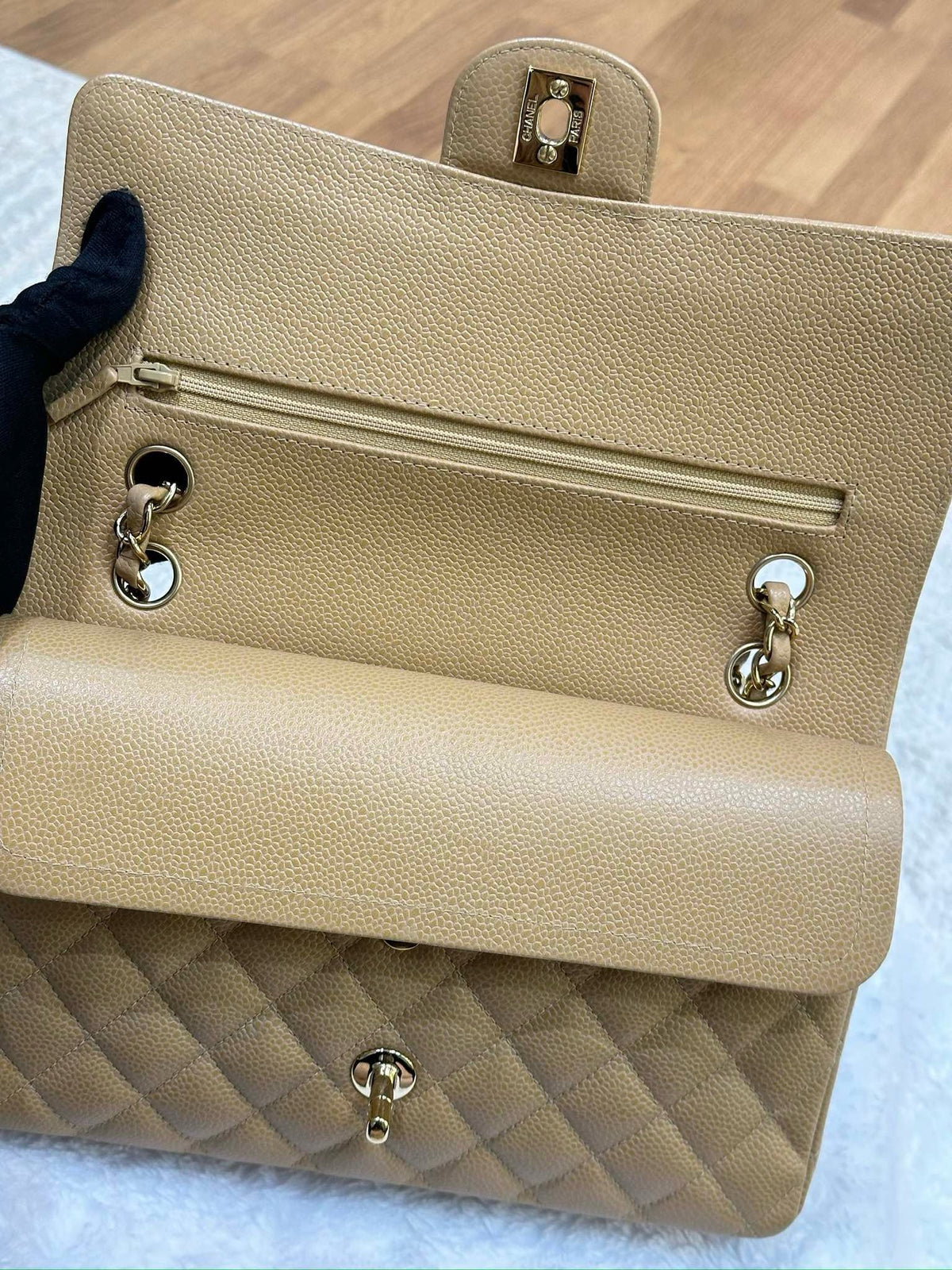 Chanel Medium Caviar Quilted Double Flap Beige Bag 866 Holo