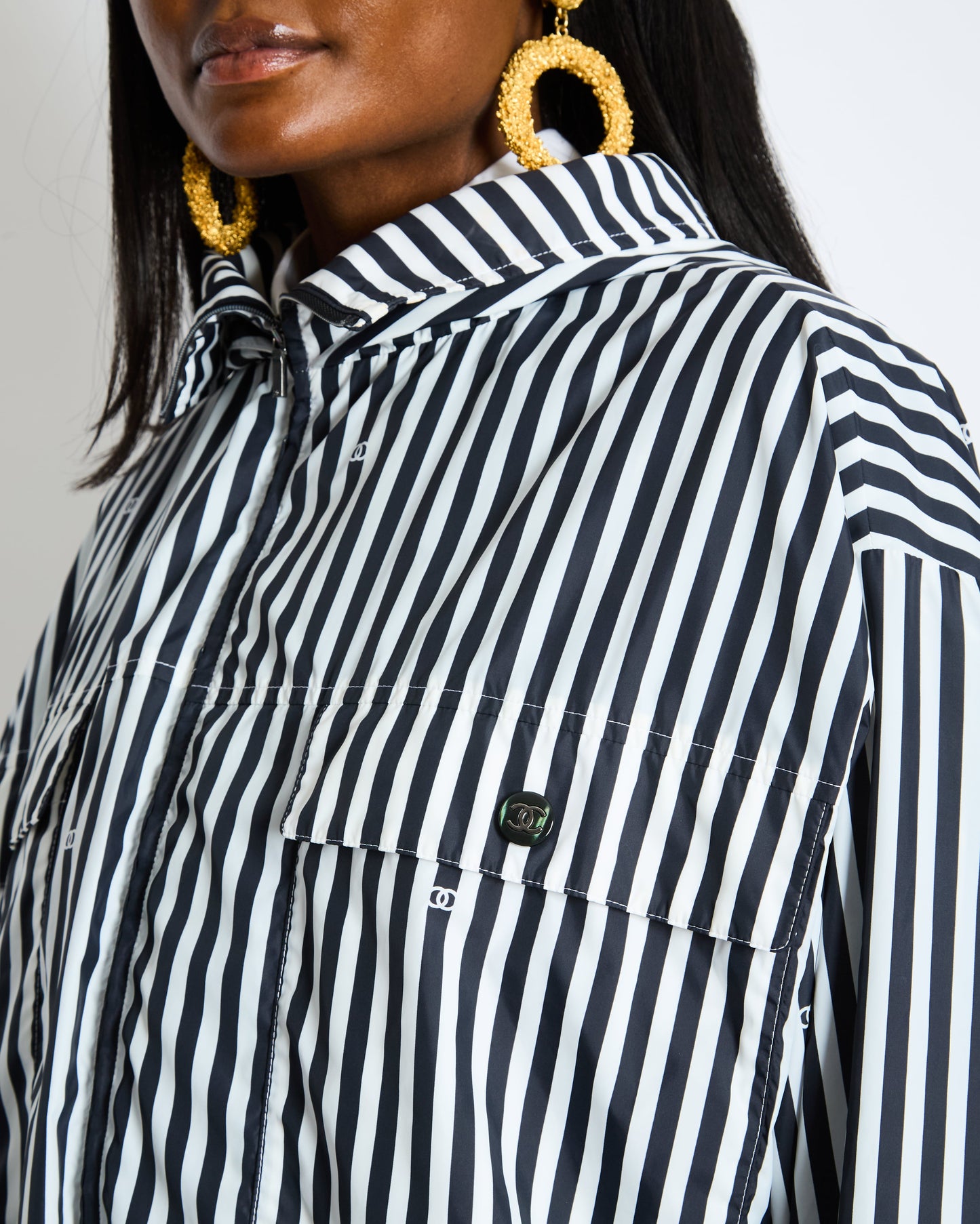 Chanel Black and White Striped Hooded Anorak Jacket with CC Logo Prints and CC Logo Buttons Size FR 36 (UK 8)