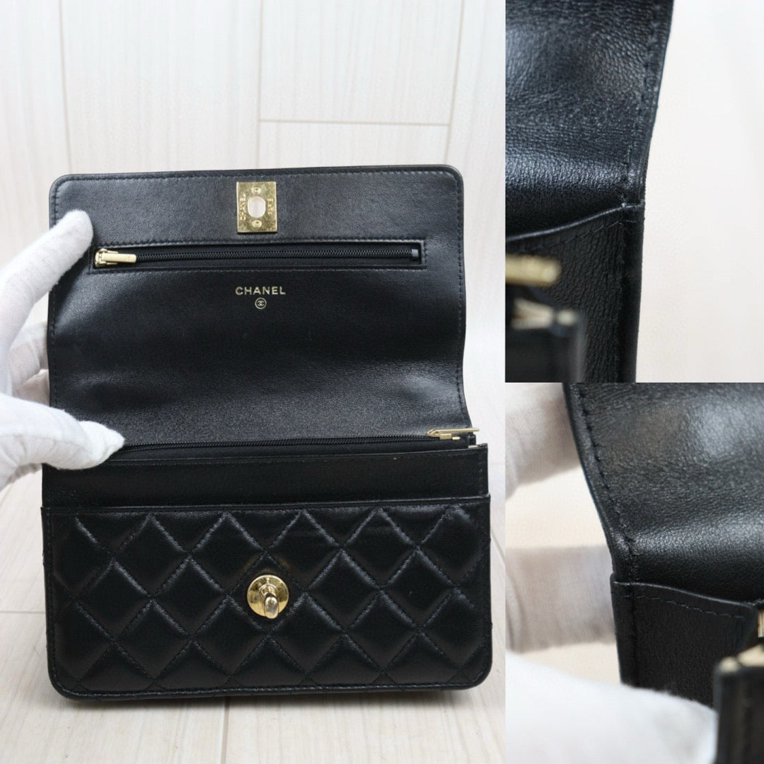 Good ( Rank AB)｜ CHANEL Matelasse Lamb Skin Chain Wallet Black Gold Hardware IC Chips Model ｜P25031402