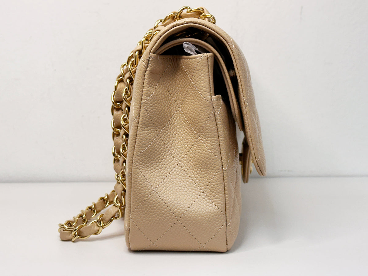 Chanel Medium Caviar Classic Double Flap Bag Beige 2552 holo card